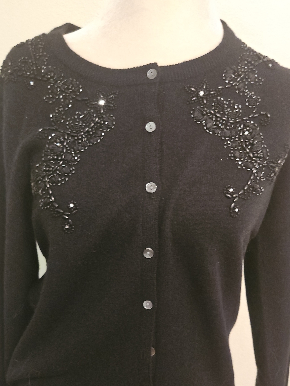 Y2k Lucky Brand Black Wool Cotton Crewneck Cardigan Beads And Rhinestones L
